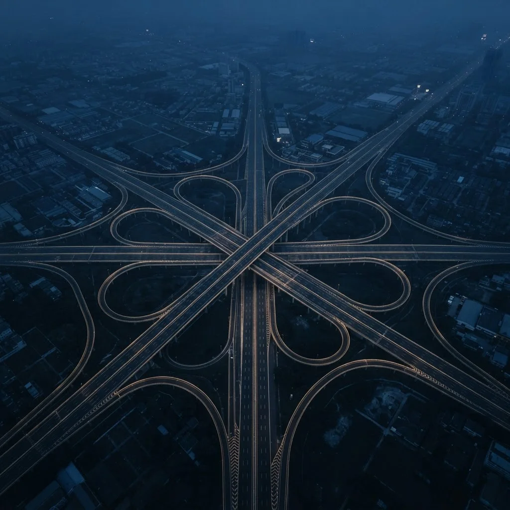 Aerial view of a highway interchange at dusk, roads crossing in navy and brass tones